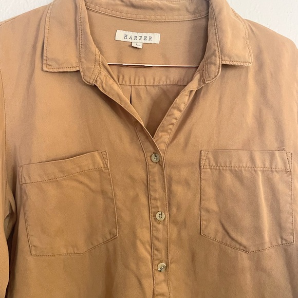 Harper Camel Lyocell Blouse Large Neutral Quiet Luxury Top - Picture 3 of 8